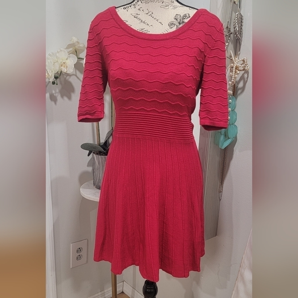 Candies Red Sweater Dress Medium holiday Party Office Midi 3/4 Sleeve  C37